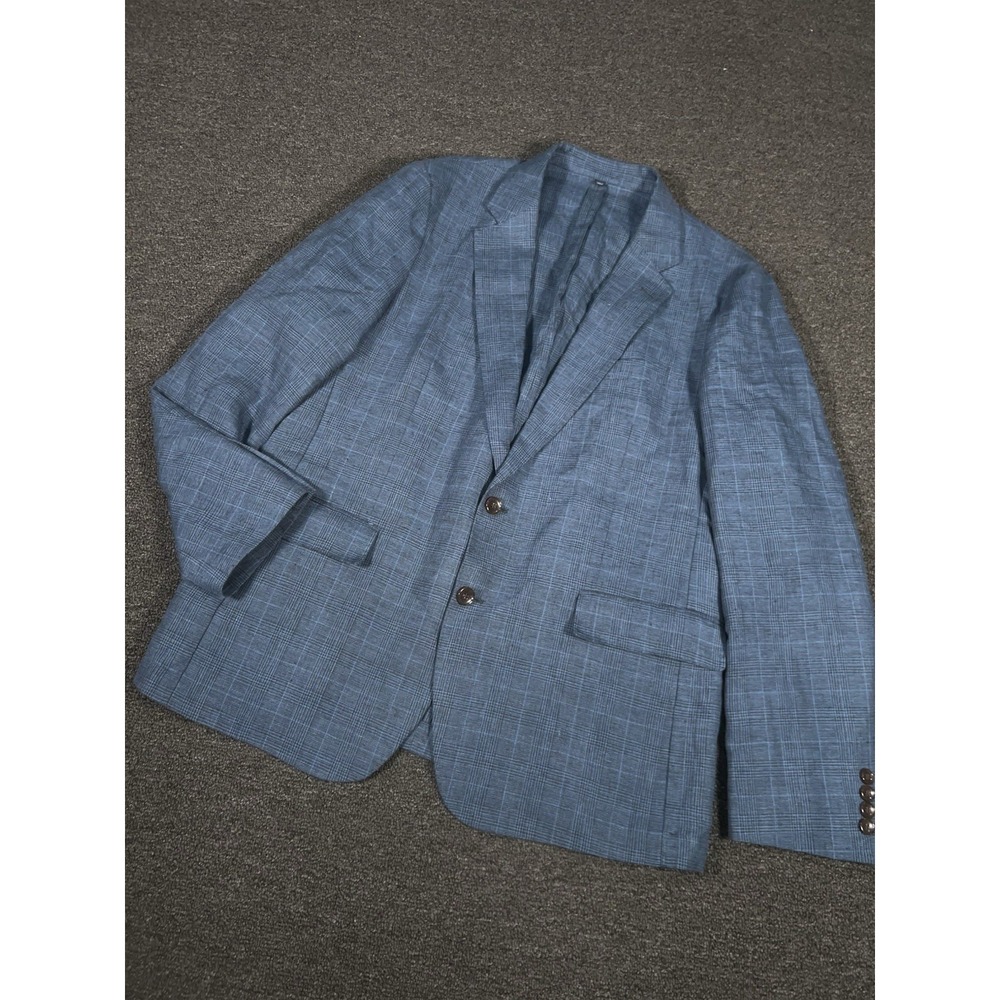 J Crew Thompson Blazer Jacket Men's 44R Blue Glen Plaid 100% Linen Unstructured